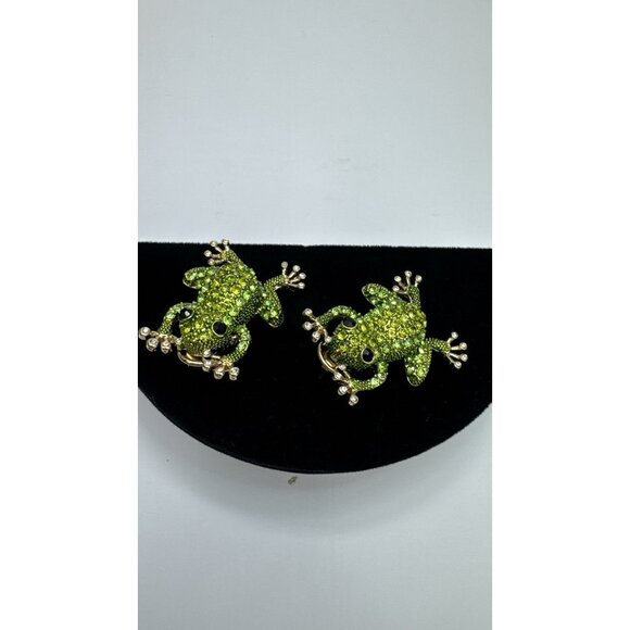 ZARA Green Frog Rhinestone Earrings Gold Tone Animal Statement Jewelry - Picture 7 of 7